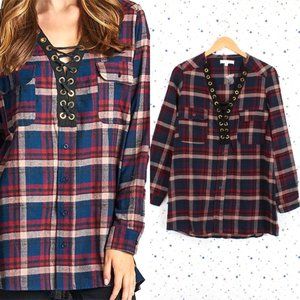 Navy Burgundy Lace Up Front Plaid Top